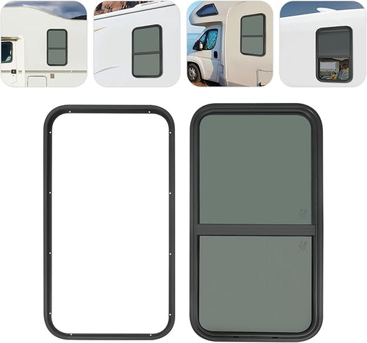 RV Window, Teardrop Vertical Slide Black RV Window, 18" W x 35" H Vertical Sliding Window Camper Trailer Window Vertical Sliding Replacement Glass W/Trim Ring