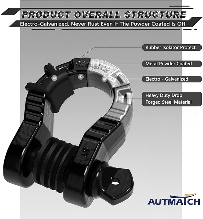 AUTMATCH D Ring Shackles 3/4" Mega Shackle (2 Pack) 68,000Ibs Break Strength - Heavy Duty Clevis Shackles with 7/8" Screw Pin and Isolator Washer for Tow Strap Winch Off Road Vehicle Recovery, Black