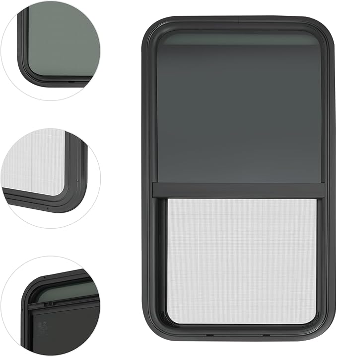 RV Window, Teardrop Vertical Slide Black RV Window, 18" W x 35" H Vertical Sliding Window Camper Trailer Window Vertical Sliding Replacement Glass W/Trim Ring