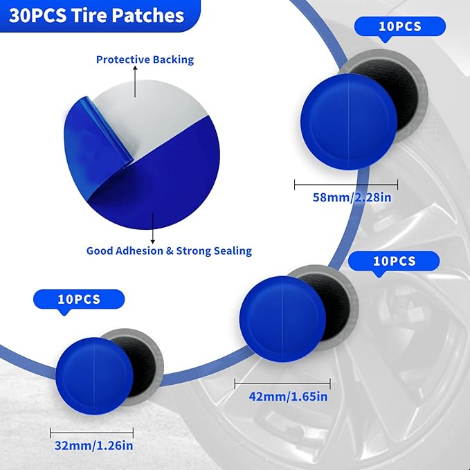 36Pcs Tire Repair Patch Tools Kit Heavy Duty, Tungsten Steel 55 mm Tire Repair Buffing Wheel with 32/42/58mm Tire Patches, Inner Liner Scraper, Tire Patch Roller for Car Motorcycle Bike Grinding