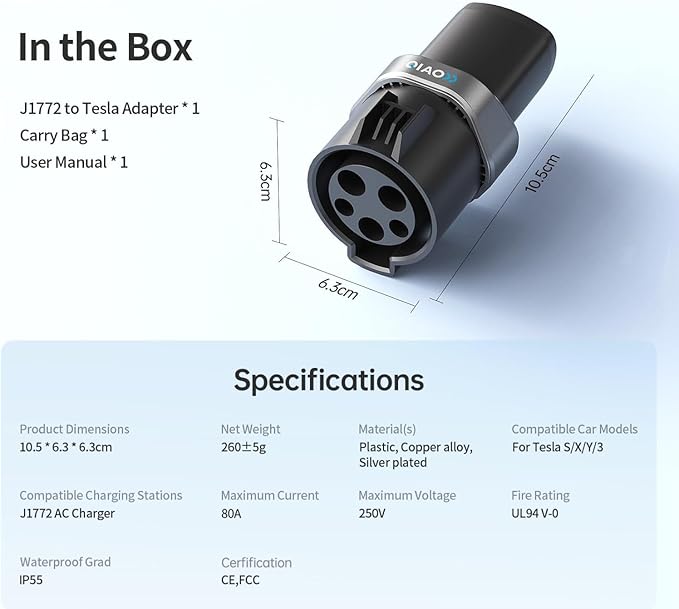 QIAO J1772 to Tesla Charger Adapter, Up to 80A 250V - J1772 to NACS Adapter for Charge Tesla EVs at J1772 AC Charger Station, Silver-Plated Efficient Charging Design -[Only for Tesla Car]