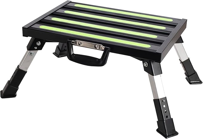 Aluminum RV Steps, 4-Level Adjustable Folding Step Stool with Non-Slip Rubber Feet, Non-Slip Fluorescent Strip Platform Rv Accessories, Supports Up to 1000 lbs - Black
