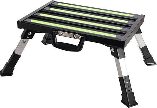 Aluminum RV Steps, 4-Level Adjustable Folding Step Stool with Non-Slip Rubber Feet, Non-Slip Fluorescent Strip Platform Rv Accessories, Supports Up to 1000 lbs - Black