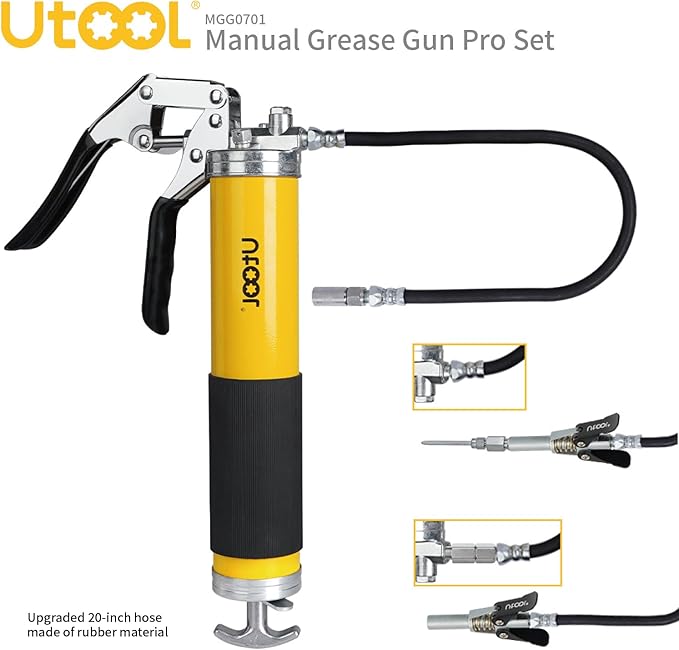 UTOOL Grease Gun, 8000 PSI Heavy Duty Pistol Grip Grease Gun Kit, 14 oz Capacity, 20 Inch Rubber Flex Hose, 1 Patented Double Handle Coupler, 1 Basic Coupler, 1 Needle Nozzle, 1 Hose Swivel