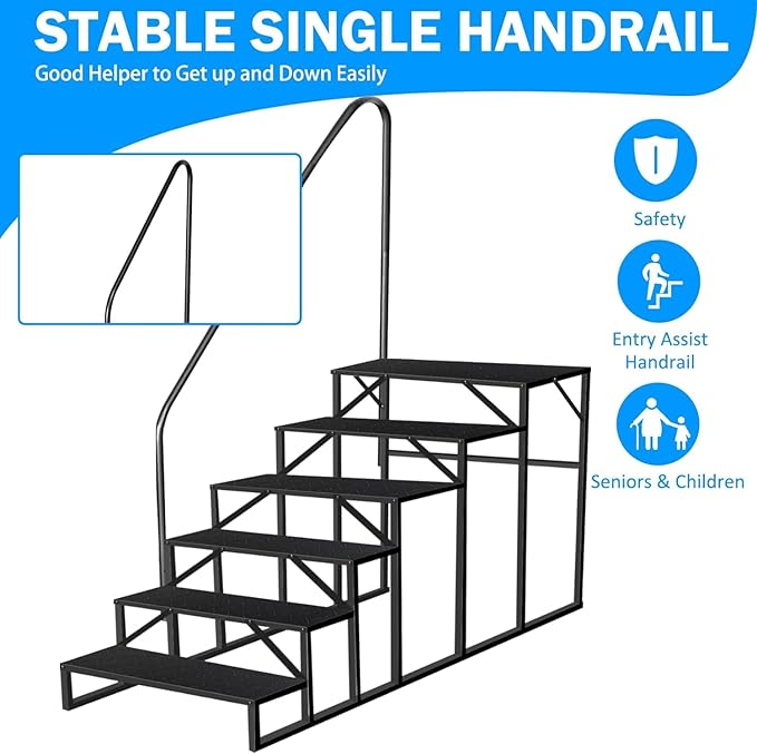 RV Steps with Handrail, 6 Step RV Stairs 660lbs Load Capacity, Heavy Duty Camper Steps with Wide & Anti-Slip Platform, Portable Outdoor Metal Entry Stairs for Hot Tub, Mobile Home, Travel Trailers