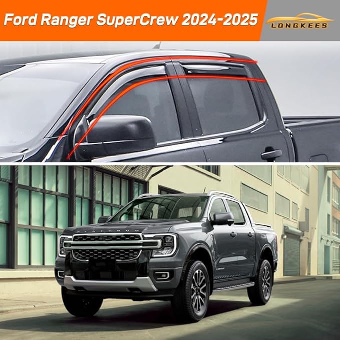 in-Channel Window Visors Rain Guards FIT Ford Ranger 2024-2025 SuperCrew (2024-2025) – 4-Piece in-Channel Dark-Smoke Polycarbonate Vent Deflectors