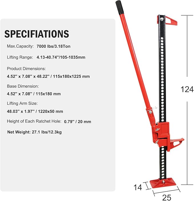 3 Ton Heavy Duty Farm Jack, 7000 Lb Capacity Ratcheting Off Road Utility Farm Jack for ATVs, Utility Vehicles, Off-Road Vehicles, Tractors, Trucks