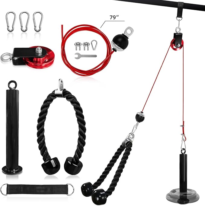 LAT and Lift Pulley System, Weight Cable Machine for Power Cage & Squat Rack, LAT Pulldown Attachments for Triceps Pull Down, Biceps Curl, Back & Forearm Workouts - Home Gym Equipment