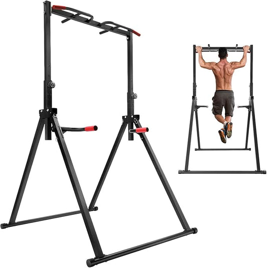440lbs MAX Pull Up Bar Stand, Adjustable Foldable Dip Station for Home Gym - No Wall Mount Strength Training Equipment for Pull-Ups, Muscle Ups, Dips (5.7-7.6ft)