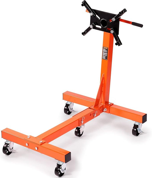 VEVOR Engine Stand, 3/4 Ton (1500 LBS) Capacity Engine Motor Stand, with 360-Degree Rotating Head, Heavy-Duty Steel Engine Lift Stand with 5-Casters, 4 Adjustable Arms, Orange