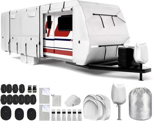 Mofeez Oxford Fabric Travel Trailer RV Cover, Camper Cover with 420D Oxford for The Top, 27'-30' Tearproof Waterproof Windproof Travel Trailer Cover with 4 Tire Covers, Jack Cover and Zippered Doors