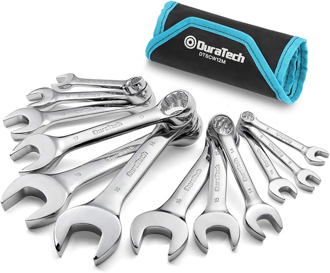 DURATECH Stubby Combination Wrench Set, Metric, 12-Piece, 8-19mm, 12 Point, CR-V Steel, with Rolling Pouch