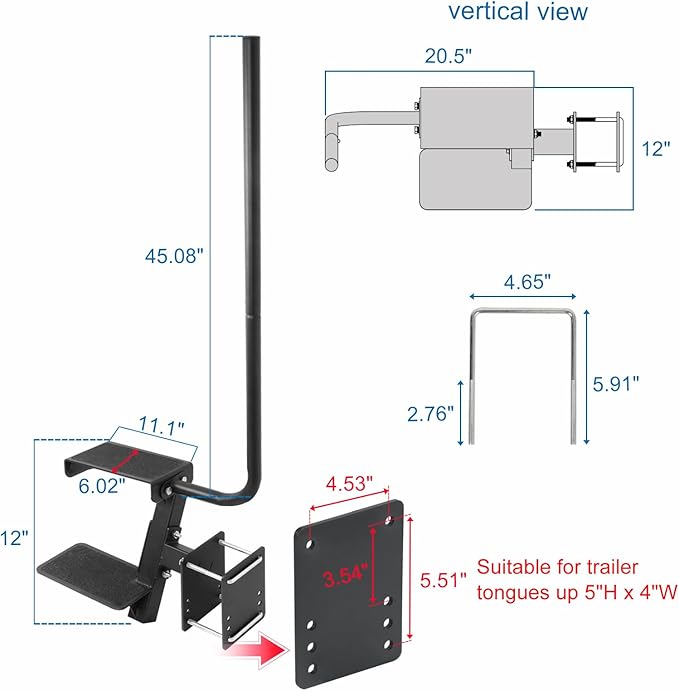 Boat Trailer Step, Heavy Duty Steel 2 Steps Ladder for Boat Trailer Tongue with Handrail, 450lbs Capacity, Black