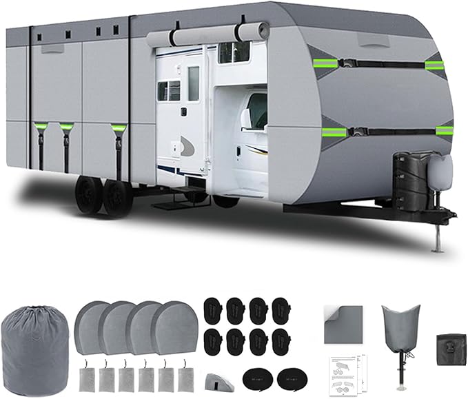 RV Covers 22-24FT 8 Layers Heavy Duty Windproof Trailer Camper Travel Trailer Cover for 22' to 24' Hauler Cover with Tongue Jack Covers and 9 Extra Long Windproof Ropes