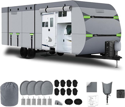 RV Covers 22-24FT 8 Layers Heavy Duty Windproof Trailer Camper Travel Trailer Cover for 22' to 24' Hauler Cover with Tongue Jack Covers and 9 Extra Long Windproof Ropes
