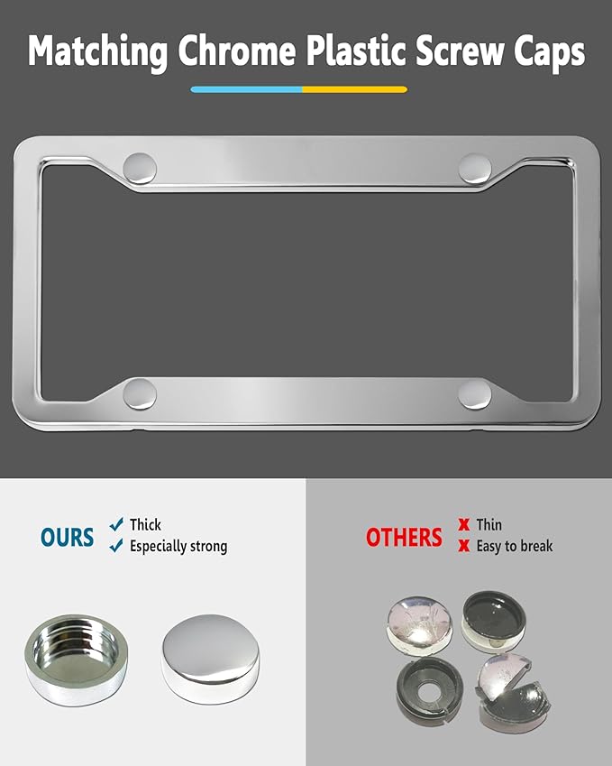 Stainless Steel License Plate Frames- 2 Pack Mirror Polished Front & Rear Auto Car Tag Holder, Heavy Duty Chrome Bracket with Mount Hardware, Screws Caps