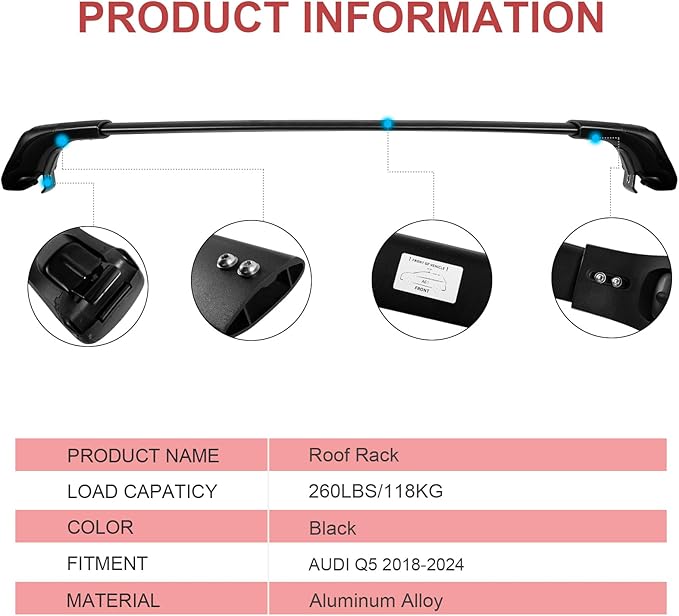 KINGGERI Heavy Duty 260lbs Roof Rack Cross Bars Fit for Audi Q5 2018 2019 2020 2021 2022 2023 2024 2025 2026, Anti-Theft Lockable Aluminum Roof Rails Crossbars Cargo Carrier Bag Black Accessories