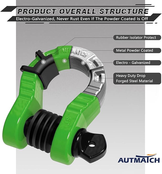 AUTMATCH D Ring Shackles 3/4" Mega Shackle (2 Pack) 68,000Ibs Break Strength - Heavy Duty Clevis Shackles with 7/8" Screw Pin and Isolator Washer for Tow Strap Winch Off Road Vehicle Recovery, Green