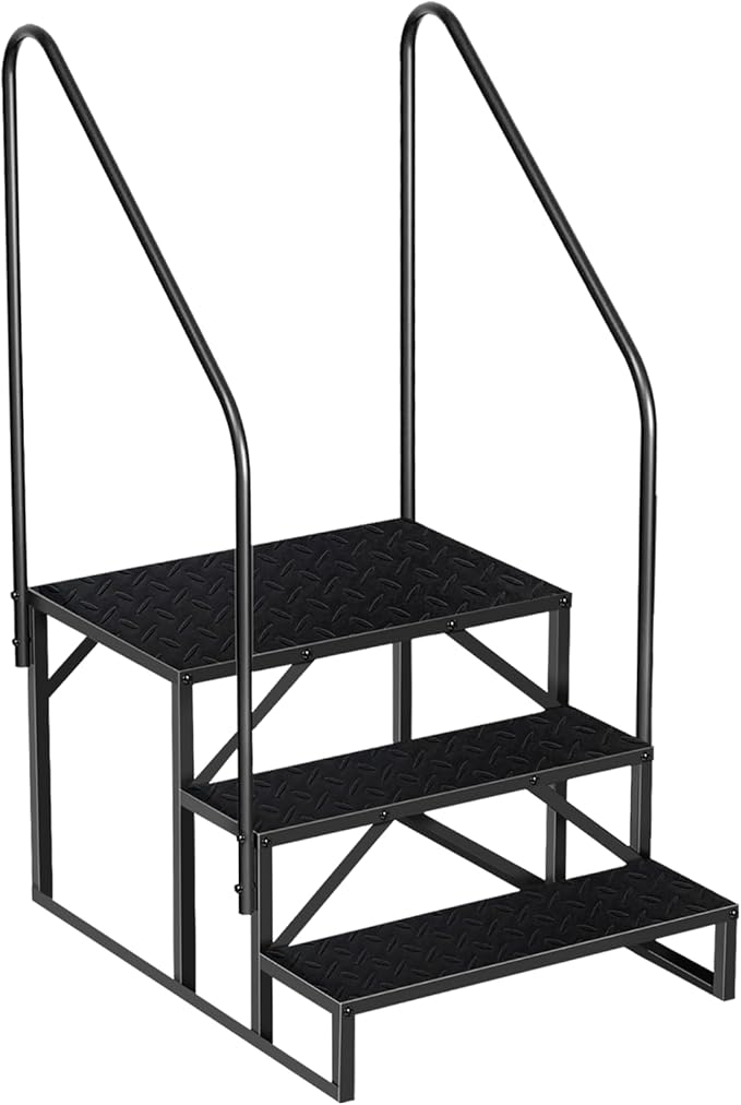 3 Step RV Steps with Handrail, Upgrade RV Stairs with Platform, 661lbs Anti-Slip Hot Tub Steps Spa Steps Step Ladder Outdoor Steps for Camper/Spa/Porch/Pet/Mobile Home(2 handrails)
