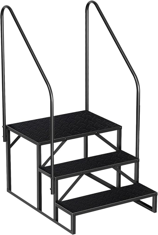 3 Step RV Steps with Handrail, Upgrade RV Stairs with Platform, 661lbs Anti-Slip Hot Tub Steps Spa Steps Step Ladder Outdoor Steps for Camper/Spa/Porch/Pet/Mobile Home(2 handrails)