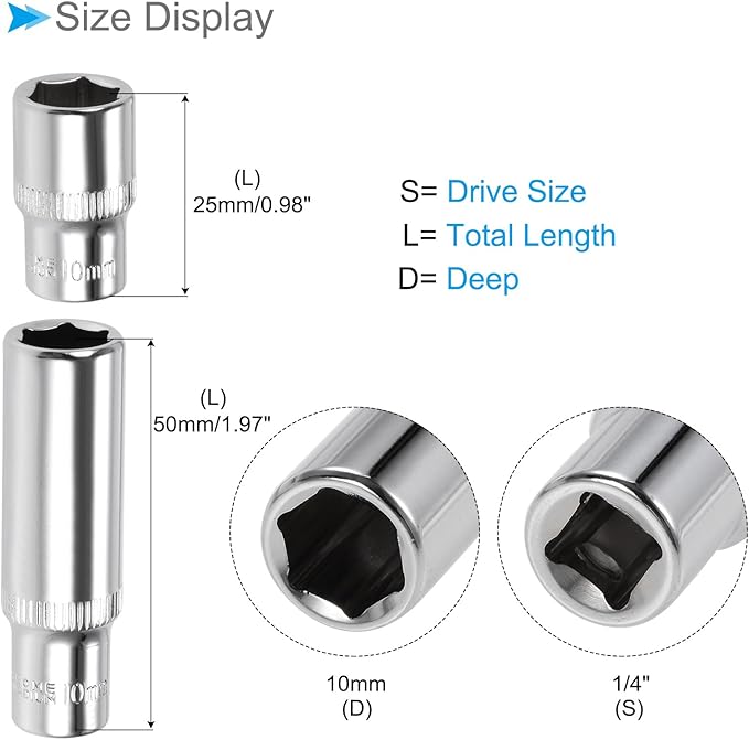 6-Point Socket, 1/4" Drive 10mm Deep, Polished Chromed CR-V Metric Deep and Shallow Impact Socket - (Applications: for Ratchet Torque Electric Wrenches Car Repair), 2-Pieces