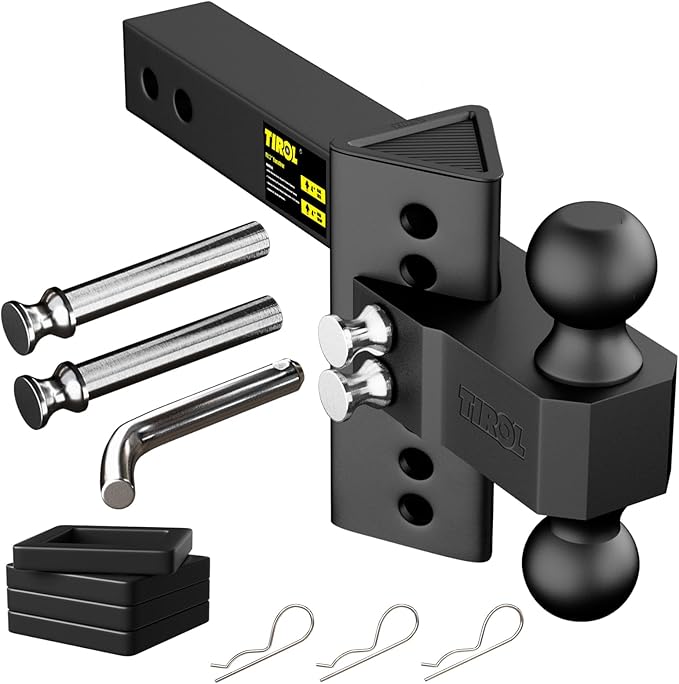 TIROL Adjustable Trailer Hitch - Fits 2'' Receiver 4 Inch Drop/Rise for Truck Hitch, 2'' & 2-5/16'' Ball Hitch, 22000 LBS GTW, Heavy Duty Towing Ball Mount, RVs, Campers, Boat Trailers