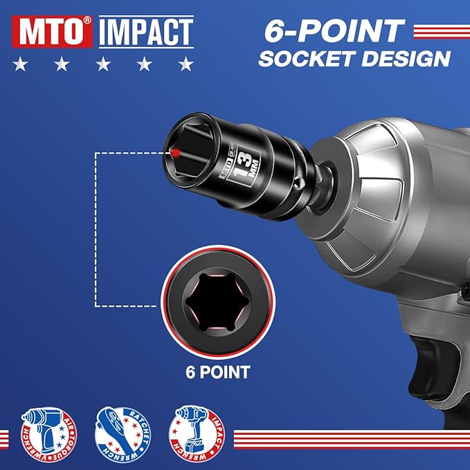 MTO 1/2" Drive 13mm Shallow Impact Socket, 6-Point Metric Socket, CR-MO Steel & Anti-Corrosion Coating for Tight Spaces and Heavy-Duty Tasks