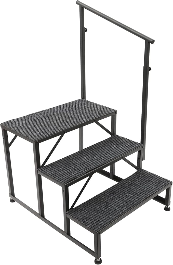 RV Steps with Single Sided Handrail, 3 Steps Mobile Home Ladder W/Anti-Slip Mats - Portable Stairs for RV, Hot Tub, Outdoor Spa