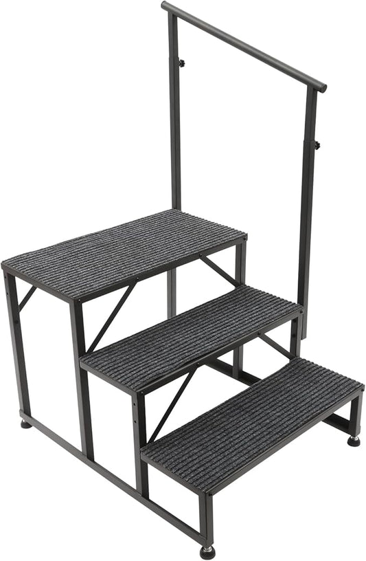 RV Steps with Single Sided Handrail, 3 Steps Mobile Home Ladder W/Anti-Slip Mats - Portable Stairs for RV, Hot Tub, Outdoor Spa