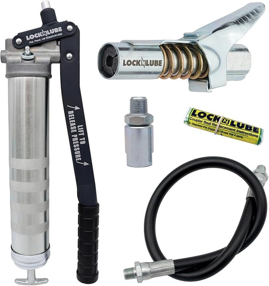 LockNLube Professional Series Lever Grease Gun. Includes Our Patented Grease Coupler (Locks on, Stays on, Won't Leak!) Plus a 20" Hose and in-line Hose Swivel.