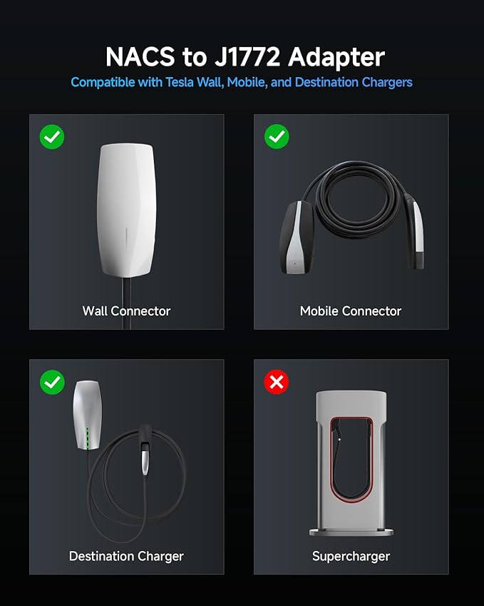 Adapter for Tesla to J1772 EV Charging, NACS Converter - 80Amp & 250V AC, Compatible with Tesla High Powered Connectors, Destination/Mobile Chargers for J1772 Electric Vehicles (Black)