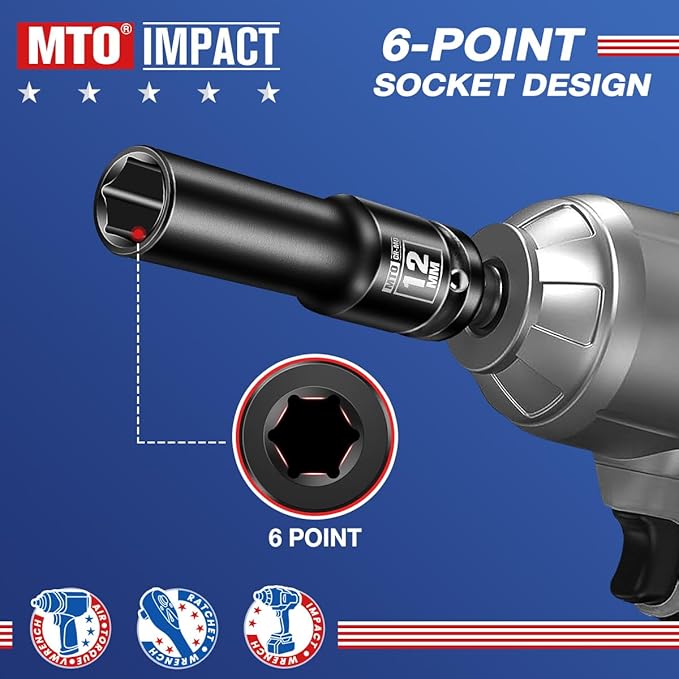 MTO 1/2" Drive 12mm Deep Impact Socket, 6 Pt. Metric Socket, CR-MO Steel & Anti-Corrosion Coating for Heavy-Duty Use