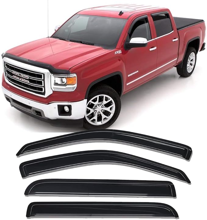 Side Window Wind Deflector, 4pcs Out-Channel Tape-On Rain Guards Set,Window Visor fits 2014-2018 Chevrolet Silverado/GMC Sierra 1500 Crew Cab and 2015-2018 2500HD-3500HD Crew Cab 94536