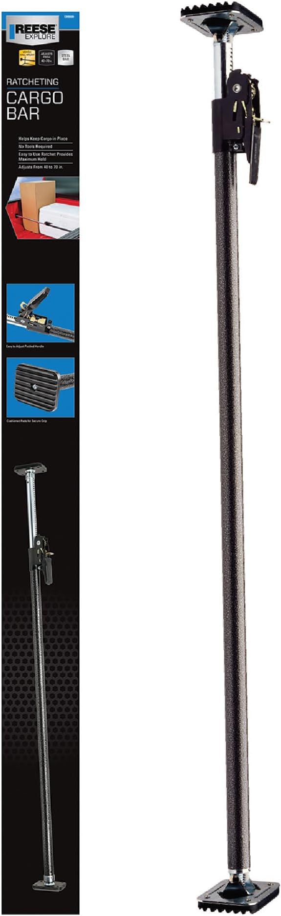 Reese Towpower 1390600 Ratcheting Cargo Bar Adjustable 40 Inch to 70 Inch, Designed To Stop Cargo From Shifting In Sport Utility Vehicles, Trucks And Vans.