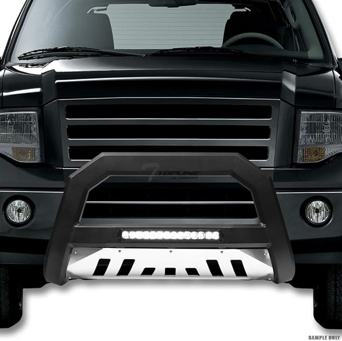 Matte Black AVT Style Aluminum LED Light Bull Bar Brush Push Front Bumper Grill Grille Guard With Stainless Skid Plate Compatible With 99-04 Pathfinder