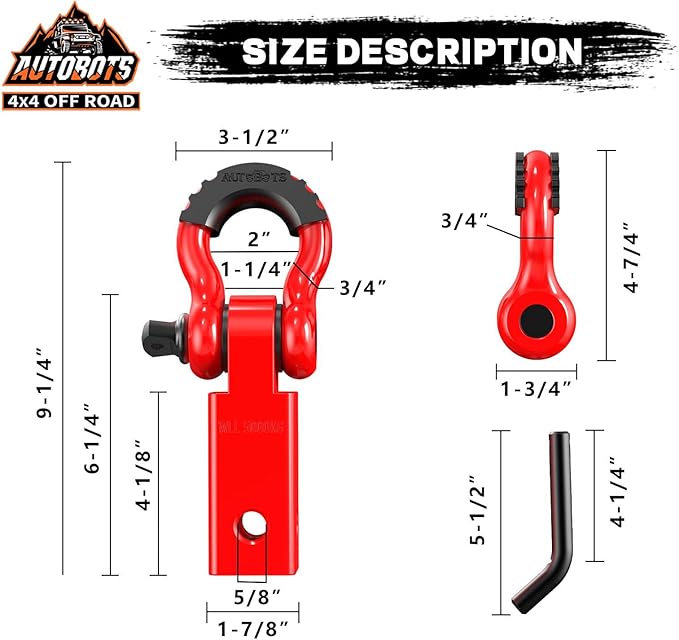 AUTOBOTS Tow Hitch Receiver 2", 45,000 Lbs Break Strength Shackle Hitch Receiver with 5/8" Screw Pin, 3/4 Shackle, Towing Accessories for Vehicle Trailer Recovery Off-Road Red&Red