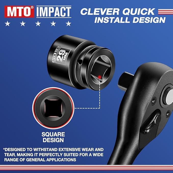 MTO 1/2" Drive 29mm Shallow Impact Socket, 6-Point Metric Socket for Automotive Maintaince, CR-V Steel Meets ANSI Standards