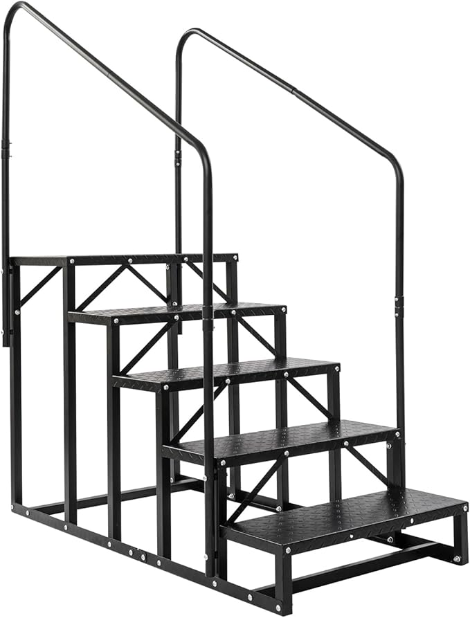 5-Step RV Steps with Handrail, Heavy Duty Carbon Steel Freestanding Outdoor Stairs for RV Camper Mobile Home Pool Hot Tub, Portable Staircase (5 Steps)
