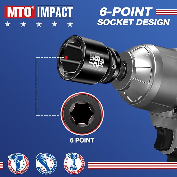 MTO 1/2" Drive 29mm Shallow Impact Socket, 6-Point Metric Socket for Automotive Maintaince, CR-V Steel Meets ANSI Standards