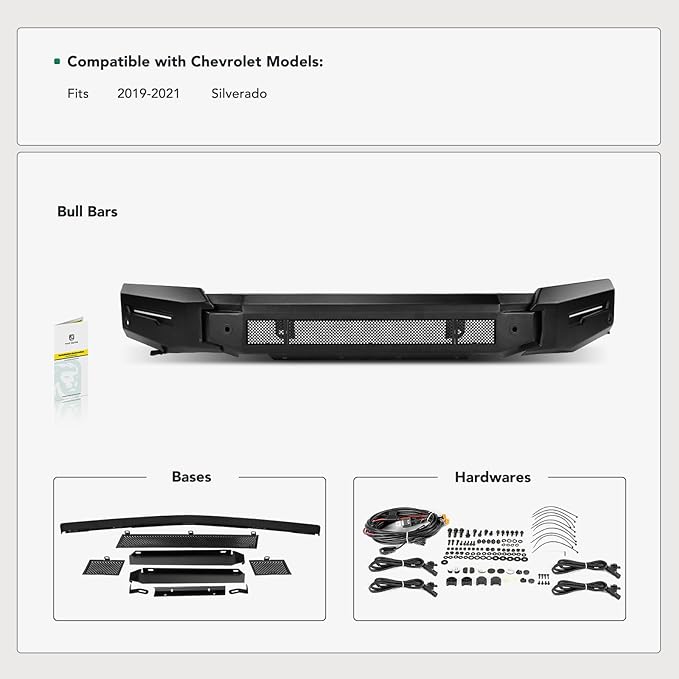 YHTAUTO Bull Bar Push Bar with Skid Plate Light Mount Fit Chevrolet Models, Silverado 1500 2019-2021, Silverado 1500 LTD 2022, Heavy Duty Steel Brush Guard for Truck Front Bumper Textured Black