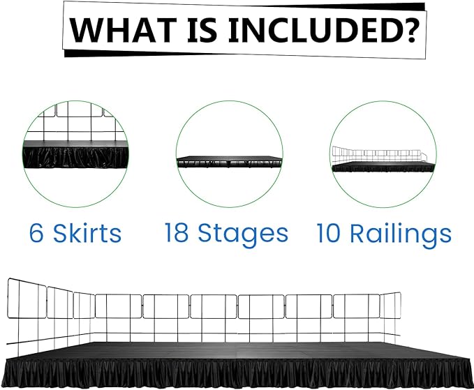 12x24' Portable Stage with 10 Railings & 6 Skirts - Performance Floor Modular System - DJ, Drum, Camera Stage Riser - Easy to Carry & Transport