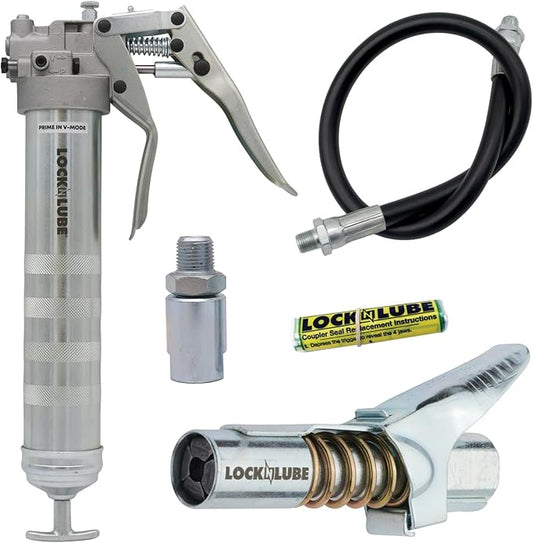 LockNLube Professional Dual-Mode Pistol Grip Grease Gun. Includes LockNLube® Grease Coupler, high-quality 20" hose and in-line hose swivel.