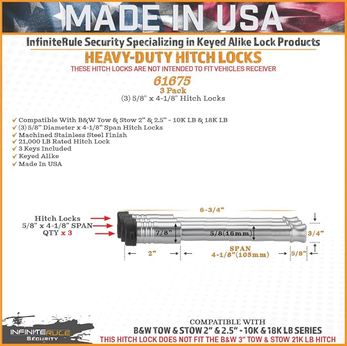 61675 | 3 Pack, Keyed Alike, Hitch Locks for B&W 2" & 2.5" Tow and Stow 10K LB & 18K LB - Fits Adjustable Ball Mount Only - Does NOT FIT Vehicle Receiver