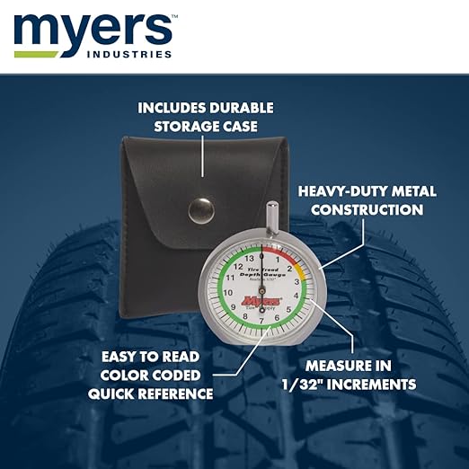 Myers Tire Supply Color Coded, Heavy Duty Professional 1/32 inch Increment Tire Tread Depth Gauge with Durable case, Identifies Tire Wear, Professional or Home Auto Mechanics