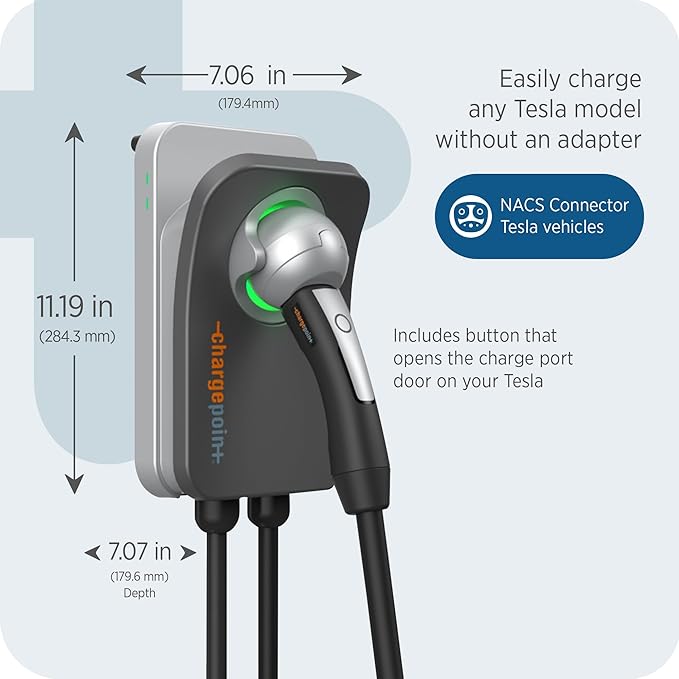 ChargePoint HomeFlex Level 2 EV Charger NEMA 14-50 NACS Plug for Tesla Electric Vehicles - Wall-Mount Fast & Smart Indoor or Outdoor Charging Station for Home, Compatible w/ Tesla Models 3, Y, S & X