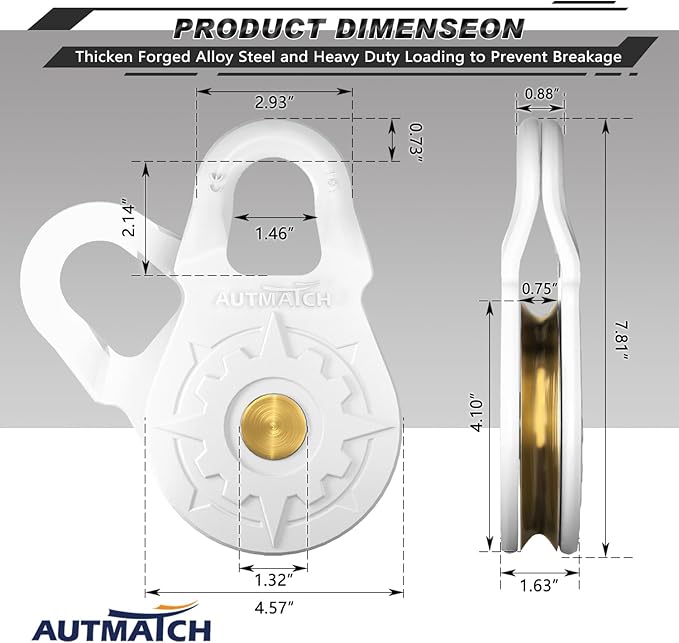AUTMATCH Winch Snatch Block 18 Ton - Winch Pulley (79,366 Lbs) Break Strength, Heavy Duty Off Road Recovery Towing Pulley Blocks for Synthetic Rope or Steel Cable, Truck, UTV, ATV, White