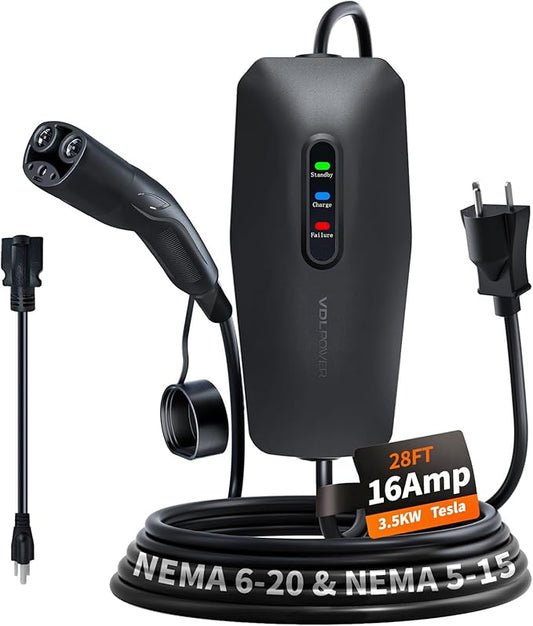 Level 1/2 EV Charger for Tesla 16Amp, Electric Vehicle Portable Charger with 28FT Cable, 3.5KW Home EV Charging Station for J1772 Electric Cars,110V-240V, NEMA 6-20 & NEMA 5-15 Plug