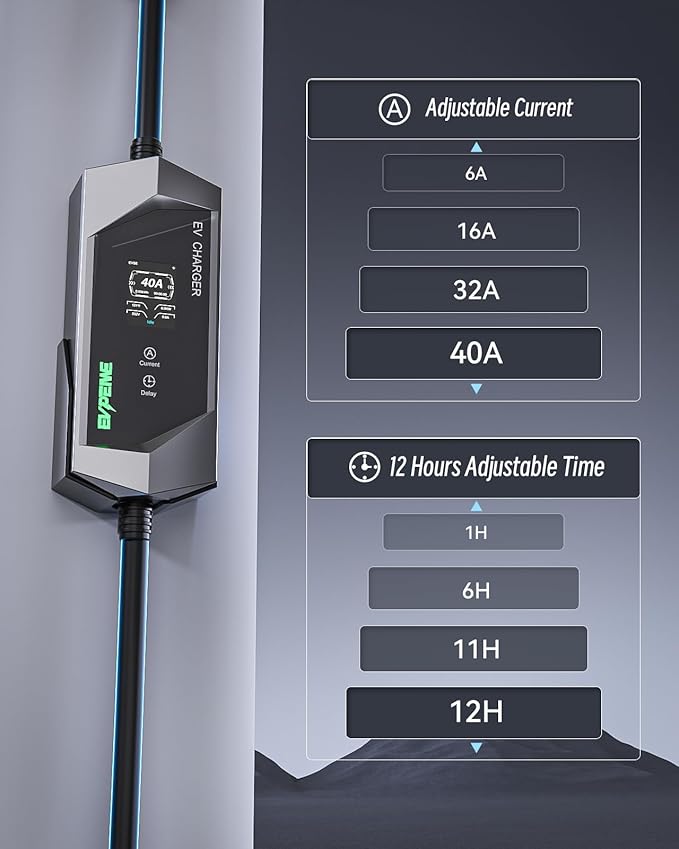 40A 110-240V Portable EV Charger with SAE J1772 Connector, 25ft Cable, NEMA 14-50/NEMA 5-15 Plug, 9.6kW Output, Silver