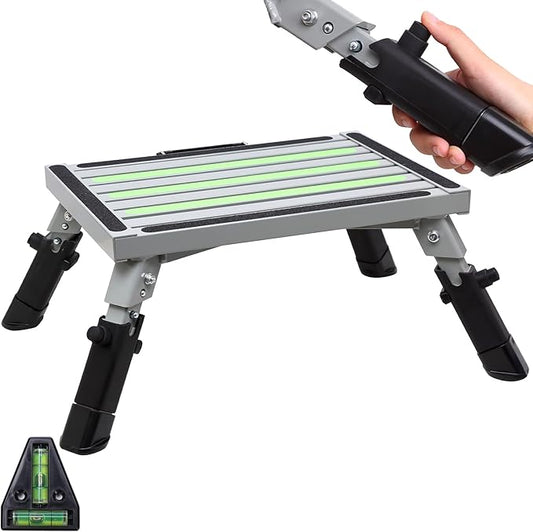 Homeon Wheels RV Step Stool, Adjustable Aluminum Platform with Non-Slip Surface, Folding Step with Rubber Feet, Reflective Strip, Handle & T Level, for Camper Use, 1000lbs, 16.5x12.2, Gray Luminous