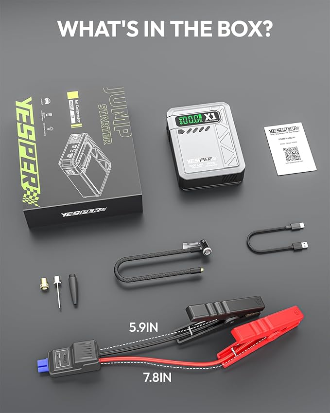 YESPER Jump Starter with Air Compressor 2000A 150PSI Battery Jumper Starter Portable(8L Gas/6L Diesel), 12V Car Jump Pack Battery Charger Jump Box with Jumper Cables, LCD Display, Lights(Grey)